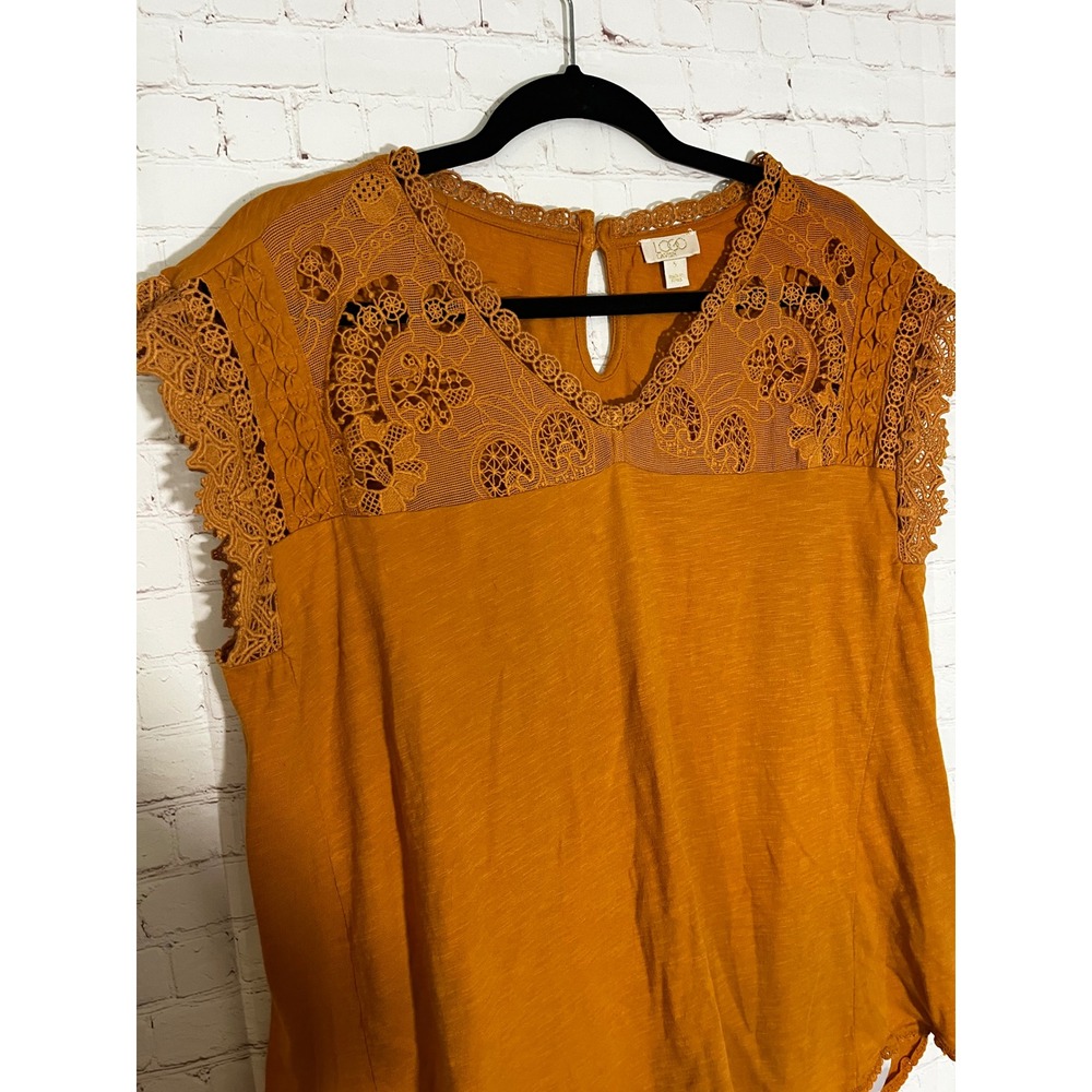 LOGO Lavish by Lori Goldstein Burnt Orange Crochet Lace Yoke Cotton Top Small - Picture 2 of 5